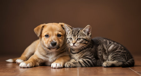 Puppy and kitten cuddling together on wooden floor in front of brown backdrop, adorable animal friends.の素材