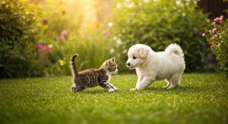 A fluffy puppy faces off with a curious tabby kitten in a lush, green garden scene filled with light.の素材
