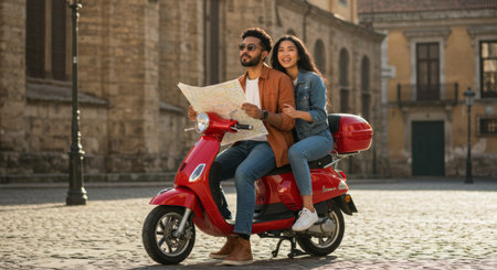 Couple explores scenic European streets on red scooter, map in hand, for their vacation trip.の素材