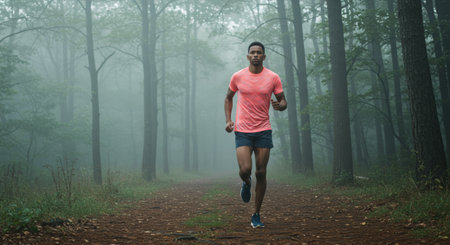 Runner in a misty forest: Determination and fitness journey in a serene natural environment.の素材