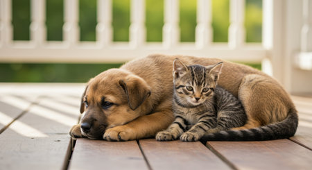 A cute puppy sleeps next to a kitten on a wooden porch, enjoying a peaceful moment together.の素材