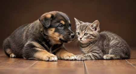 A tender moment between a puppy and kitten, showcasing their adorable companionship and friendship.の素材