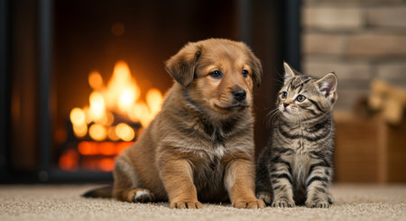 Puppy and Kitten Together: A cute pair of a puppy and a kitten sit together by a fireplace.の素材