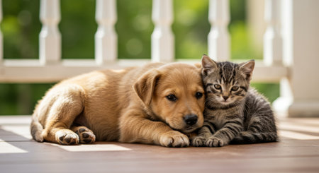 A golden puppy rests its head against a cute tabby kitten, enjoying a peaceful moment together.の素材