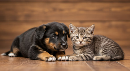 An adorable kitten and puppy cuddling together peacefully on a warm wooden floor background.の素材