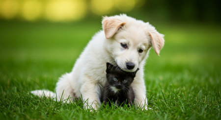 An adorable golden puppy giving a tender hug to a tiny, black kitten in lush green grass.の素材