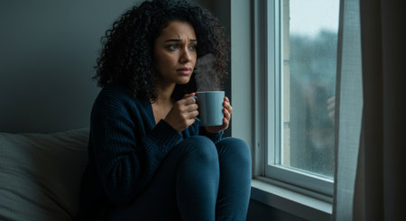 Pensive woman with hot beverage gazing out rainy window, conveying quiet solitude indoors.の素材