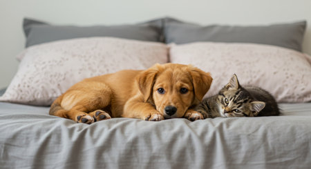 Golden puppy and tabby kitten resting peacefully on a bed. Companionship at its finest.の素材