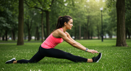 Fit woman stretching legs in a park, enjoying the fresh air and sunlight, promoting fitness.の素材