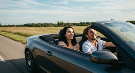 Joyful couple rides in a convertible car. Open road freedom and laughter on a summer day driveの素材