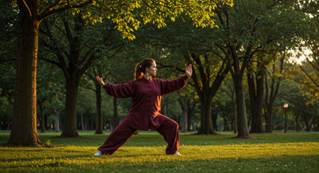 Woman practices a mindful exercise in a park surrounded by trees on a sunny day. Zen practice.の素材
