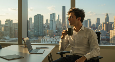 Professional Contemplation: Man with Coffee Gazing at Cityscape, Laptop on Desk, Modern Officeの素材