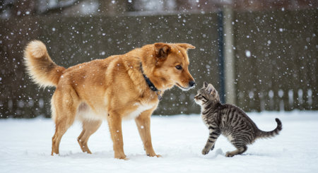 Golden-furred dog and curious tabby kitten meet amidst softly falling snow in an outdoor scene.の素材