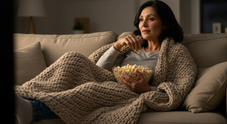 Woman relaxes on couch with popcorn. Watching a movie, wrapped in a cozy blanket at home.の素材
