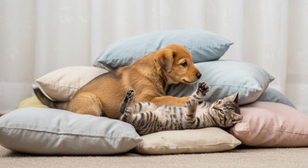 Puppy and kitten play together on a pile of soft pillows, creating a scene of animal friendship.の素材