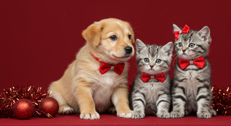A golden puppy and two tabby kittens wear red bowties against a solid red background for the holidays.の素材