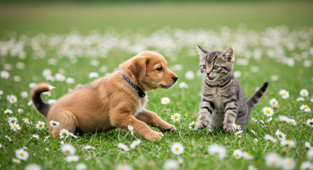A golden puppy and a tabby kitten meet for the first time in a grassy field full of daisies.の素材