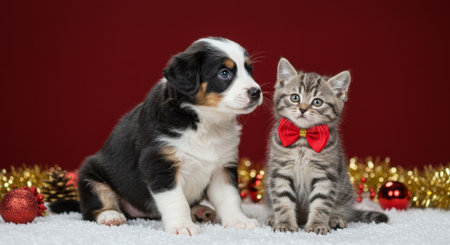 Puppy and kitten pose with holiday decorations, capturing festive charm in a heartwarming scene.の素材