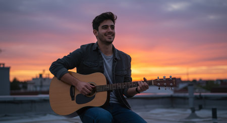 Man plays guitar against a vibrant sunset backdrop, expressing passion and musical enjoyment.の素材