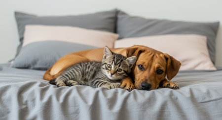 A tabby kitten snuggles up to a brown dog on a bed, showcasing friendship and peaceful co-existence.の素材