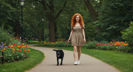 Woman walks a dog through a park with flowers and trees on a paved path on a summer day.の素材