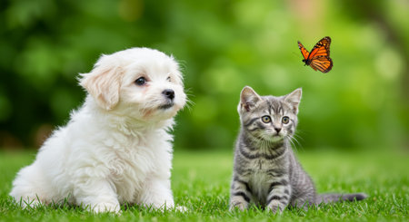 Adorable puppy and kitten sit side-by-side in a green field, with a butterfly flying overhead.の素材