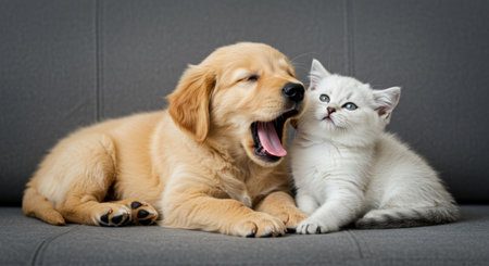 Adorable puppy yawning next to an inquisitive white kitten, sitting on a gray sofa indoors.の素材