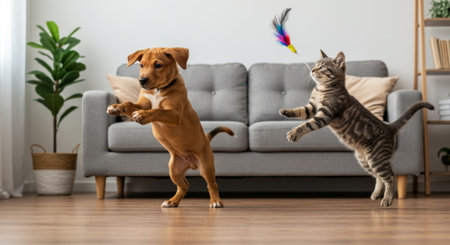 Energetic kitten leaps for a feathered toy while a playful puppy joins the fun in the living room.の素材