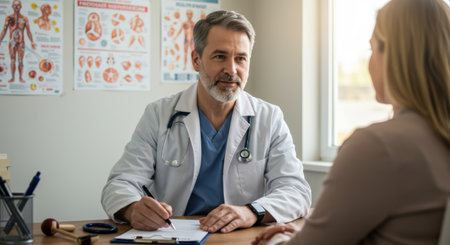 a mature doctor is consulting with a female patient in his office. he is taking notes on a clipboard. they are discussing health and treatment options.の素材