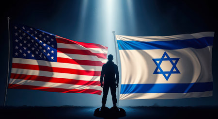 a silhouette stands between the united states and israel flags, symbolizing the strong political relations and alliance between the two nations.の素材