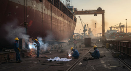 workers welding on a large ship in a shipyard, repair and maintenance. maritime industry construction site with metalwork and engineering.の素材