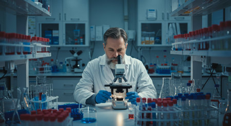 a scientist in a white coat is examining a sample under a microscope in a laboratory, conducting medical research and development for a study.の素材