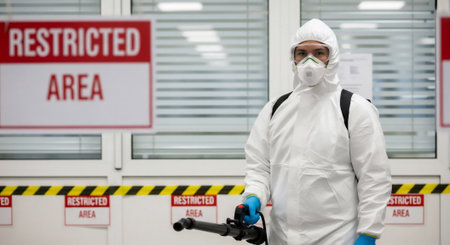 A worker in a protective suit sanitizes a restricted area, highlighting safety and disinfection protocols within a controlled environment.の素材