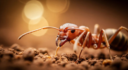 A close-up shot of a red ant crawling on the ground, showcasing its detailed features and sharp mandibles.の素材