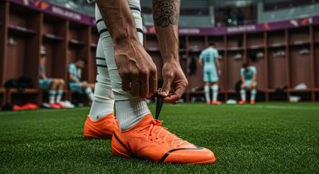 A soccer player ties his orange cleats in the locker room before a game. Other teammates sit in the background.の素材