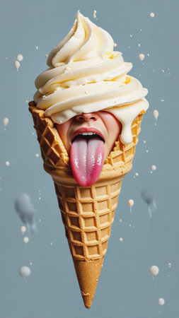 A surreal photo of a face with a long tongue inside an ice cream cone, with the ice cream melting.の素材