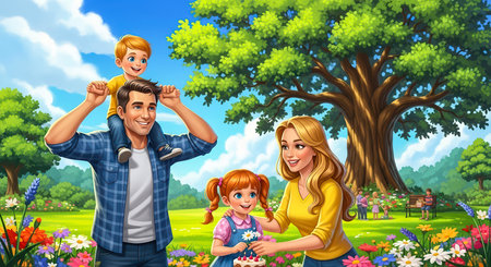 A happy family enjoys a beautiful Father's Day celebration outdoors in a park filled with flowers and sunshine.の素材