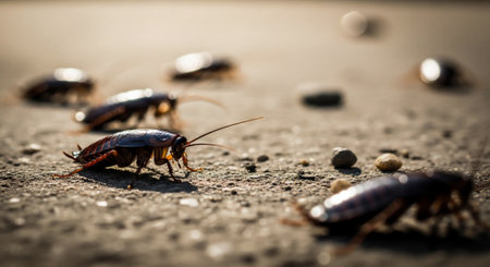 Close-up view of several cockroaches crawling on a rough, textured surface, with a shallow depth of field highlighting their exoskeletons.の素材
