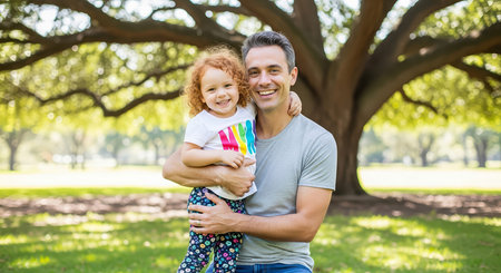 A happy father embraces his daughter in a park, creating a heartwarming moment for Father's Day.の素材