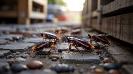 Close-up of several cockroaches on a paved surface, highlighting their details and environment.の素材