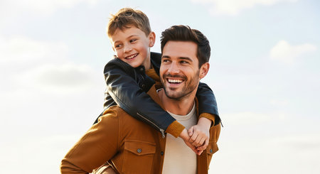 A happy father gives his son a piggyback ride, both smiling broadly, enjoying quality time together on a sunny day.の素材