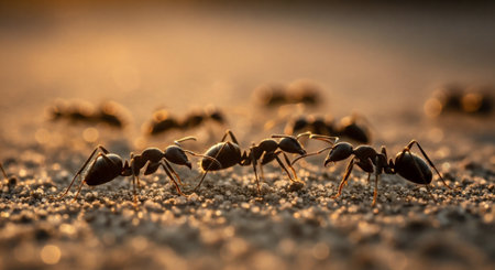 Close-up shot of several ants walking on the ground during sunset or sunrise, showcasing their teamwork and silhouettes.の素材
