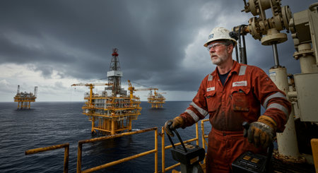 An oil rig worker surveys the sea with multiple oil platforms under a cloudy sky, demonstrating offshore oil and gas operations.の素材