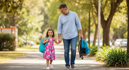 A father and daughter walking hand-in-hand, celebrating Father's Day with a joyful stroll.の素材