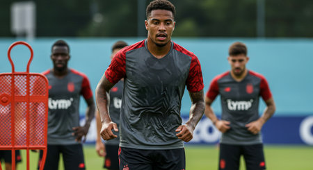 A male soccer player in gray jersey is the focus, with teammates blurred in the background, training on a field.の素材