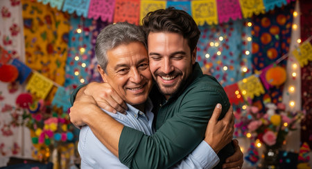 A heartwarming moment of a man hugging his father, both smiling with love and appreciation. The scene is set for a special celebration.の素材
