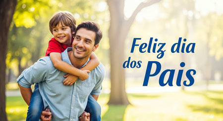 A happy father carries his son on his back, celebrating Father's Day in a sunny park. The inscription is "Happy Father's Day" in Portuguese.の素材