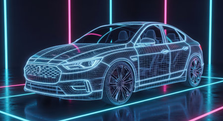 Futuristic car outlined in neon blue wireframe against a dark backdrop with pink and cyan light beams. An innovative concept.の素材