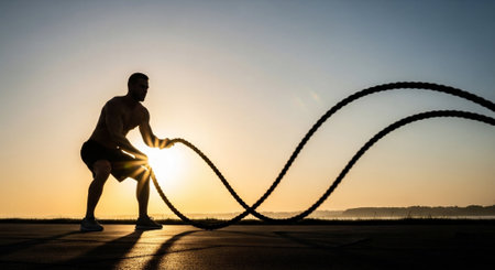 A muscular man works out with battle ropes against the sunset. This fitness shot captures strength and determination.の素材