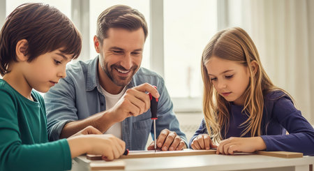 A father and his two children work together on a DIY project at home. They are building something together.の素材